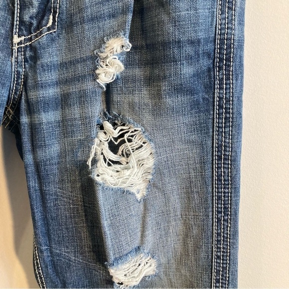 AFFLICTION Sz 33 Cooper Distressed Straight Leg Rubber Logo Patch Jeans - Picture 3 of 16